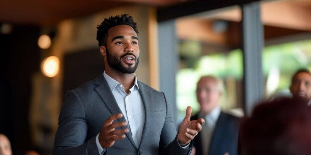 confident young business professional speaking to group in corporate setting
